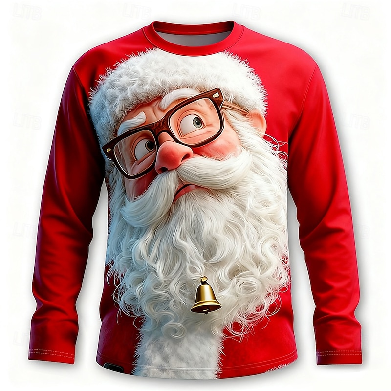 Christmas Men's Santa Claus Funny T Shirt Long Sleeve T shirt 3D Print Crew Neck Shirt Fashion Basic 3D Street Casual Daily Red Red 2 Summer Spring Clothing Apparel S M L XL XXL XXXL