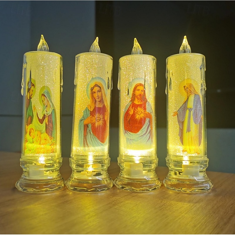 4 Pcs Mexican Virgin Mary Prayer Light LED Simulation Transparent Electronic Candle Christmas Candlestick Luminous Ornament LR1130 * 3 Battery