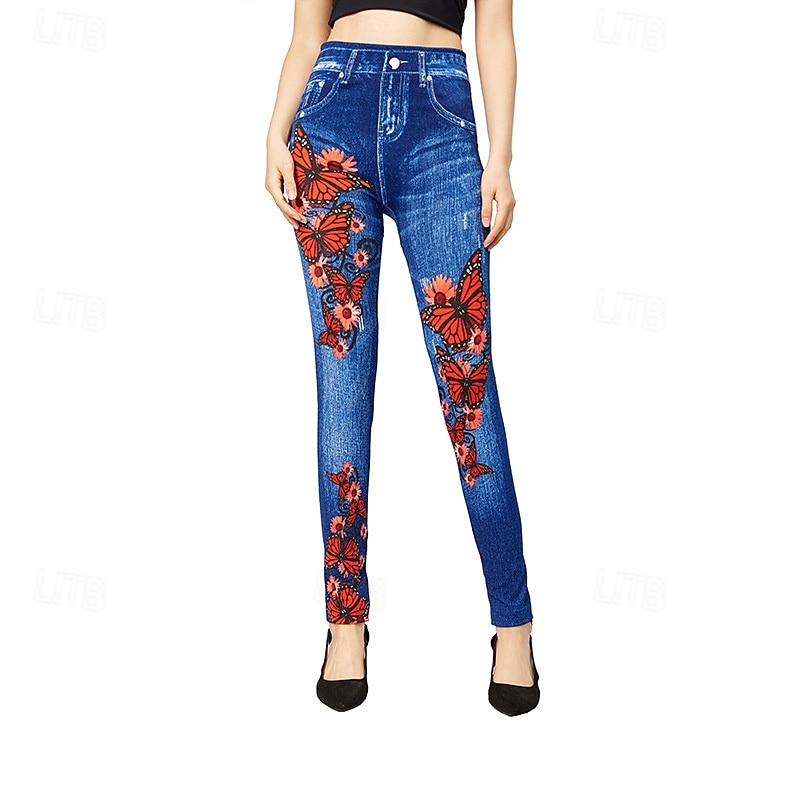 Women's Jeans Chinos Vintage Streetwear Casual Ankle-Length Medium Waist Floral Pocket Elastic Waist Printing Comfortable Stretchy Outdoor Vacation Street Blue Spring Fall Regular Fit4