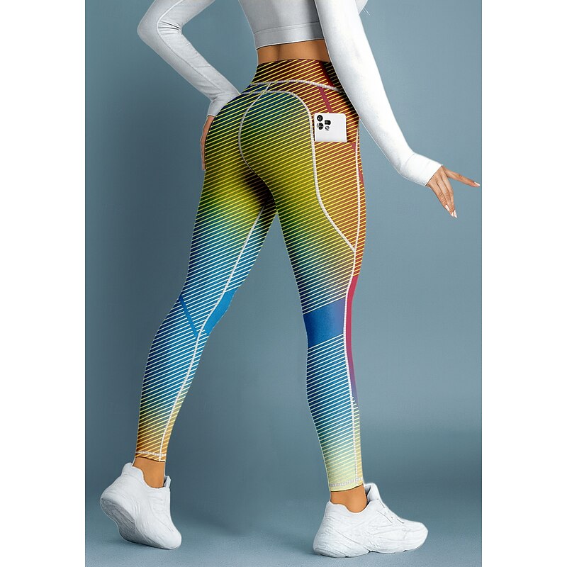 Women's pilates leggings fitness pants Gym Leggings Pockets Stamp Duty Side Pockets Pilates Gym Gym Workout Pants Tights Leggings Striped Geometry Gradient Stripes Rainbow Sports Activewear Stretchy3