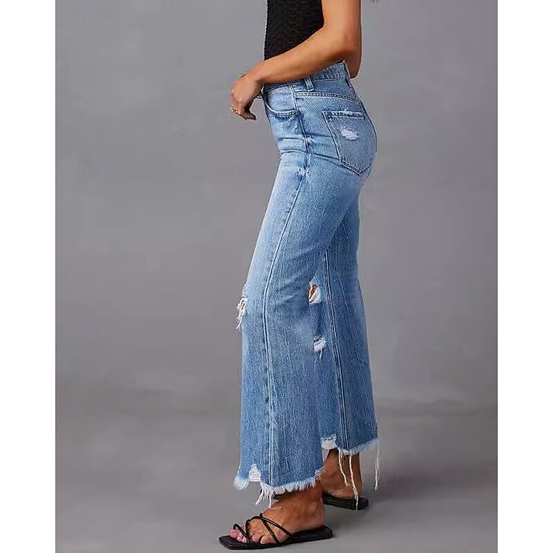 Women's Jeans Wide Leg Chinos Streetwear Casual Full Length Medium Waist Plain Pocket Elastic Waist Comfortable Micro-elastic Vacation Street Causal Blue Fall Winter Regular Fit3