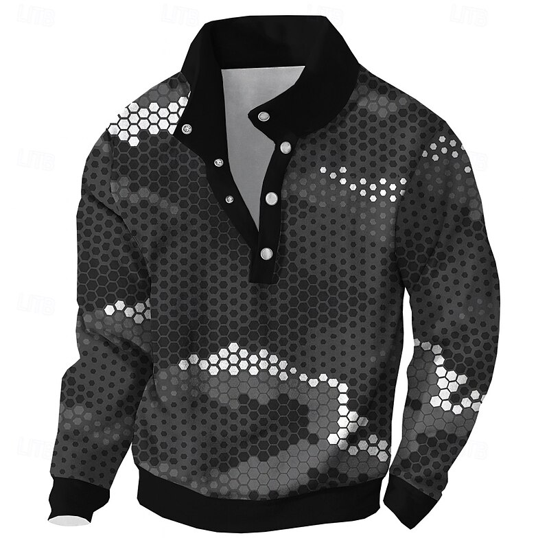 Men's Camo Camouflage Sweatshirt Military Hunting High Neck Outdoor Hunting Blue Green Buttons Fall Winter Designer4