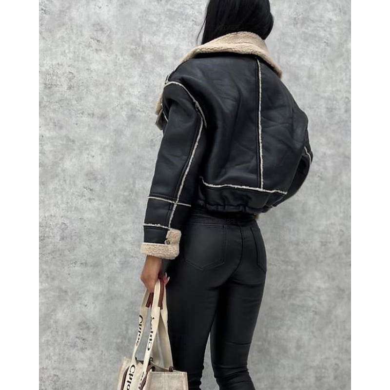 Women's Faux Leather Jacket Warm Comfortable Pocket Buttons Casual Plain Vacation Casual Daily Wear Going out Short Turndown Regular Fit Long Sleeve Outerwear Black Khaki Beige Fall Winter3