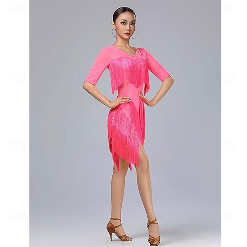 Rhinestones Layered Fringe Dress Ballroom Latin Dance Dress for Women Tiered Tassel Flapper Dresses Salsa Dancing Costume4