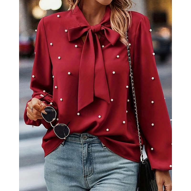 Women's Shirt Blouse Plain Stylish Long Sleeve Crew Neck Regular Tops Daily Holiday Going out Bow Red Spring Fall