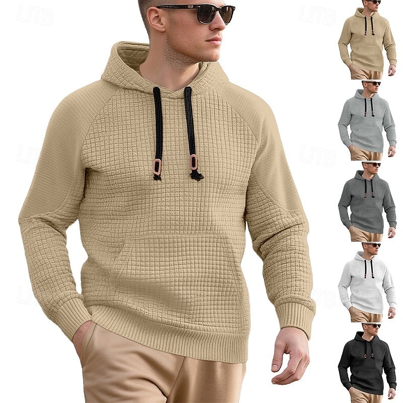 Men's Hoodie Waffle Hoodies Pullover Hoodie Sweatshirt Black White Khaki Light Grey Dark Gray Hooded Plain Pleated Patchwork Textured Sports & Outdoor Casual Daily Streetwear Cool Sportswear Spring