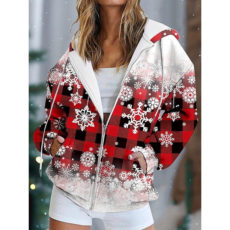 Women's Zip Up Hoodies Graphic Snowflake Christmas Vintage Fashion Casual Long Sleeve Hooded Regular Tops Street Dailywear Casual Patchwork Zipper Pocket Black Red Blue Green Fall Winter