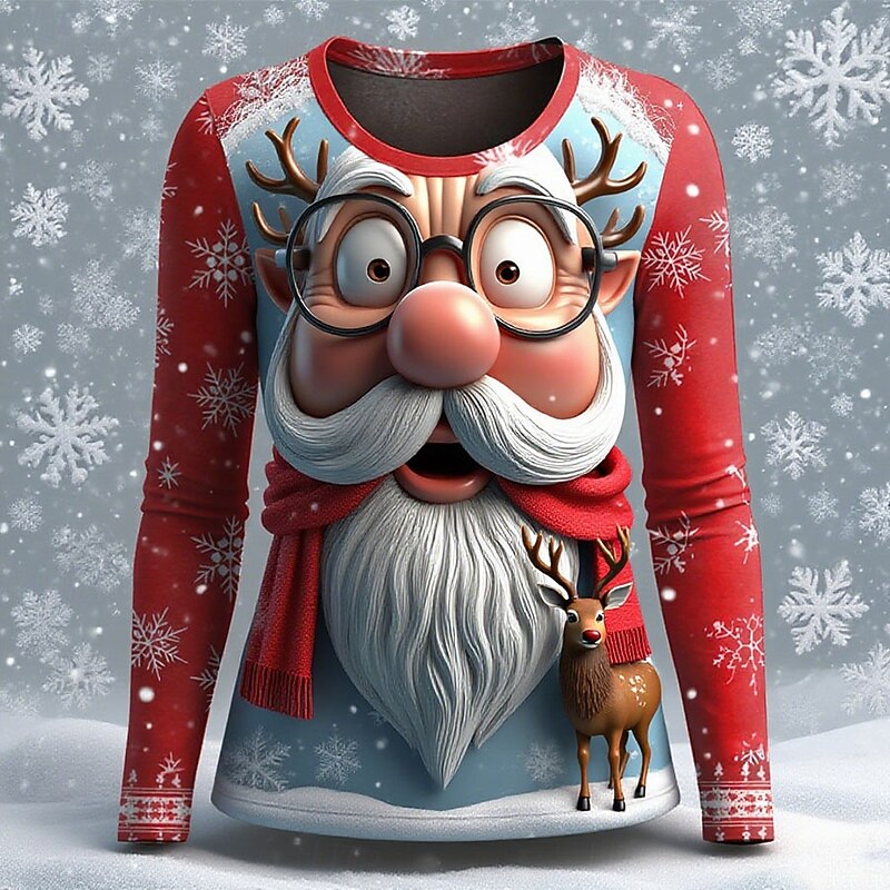 Christmas Women's T Shirt Graphic Santa Claus Fashion Casual Long Sleeve Crew Neck Regular Tops Daily Weekend Print White Red Blue Summer Spring Fall2