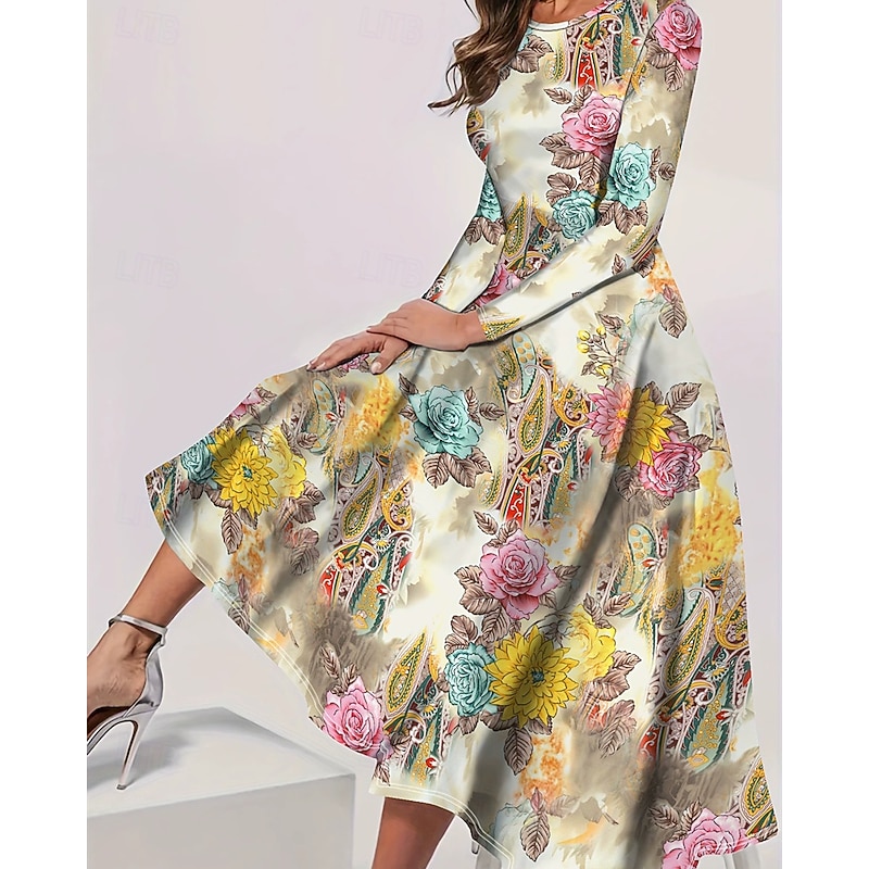 Women's Long Dress Maxi Dress Boho Dress Elegant Vintage Fashion Outdoor Party Daily Regular Fit Graphic Butterfly Long Sleeve Crew Neck Aqua Blue Yellow Pink Blue Spring Autumn