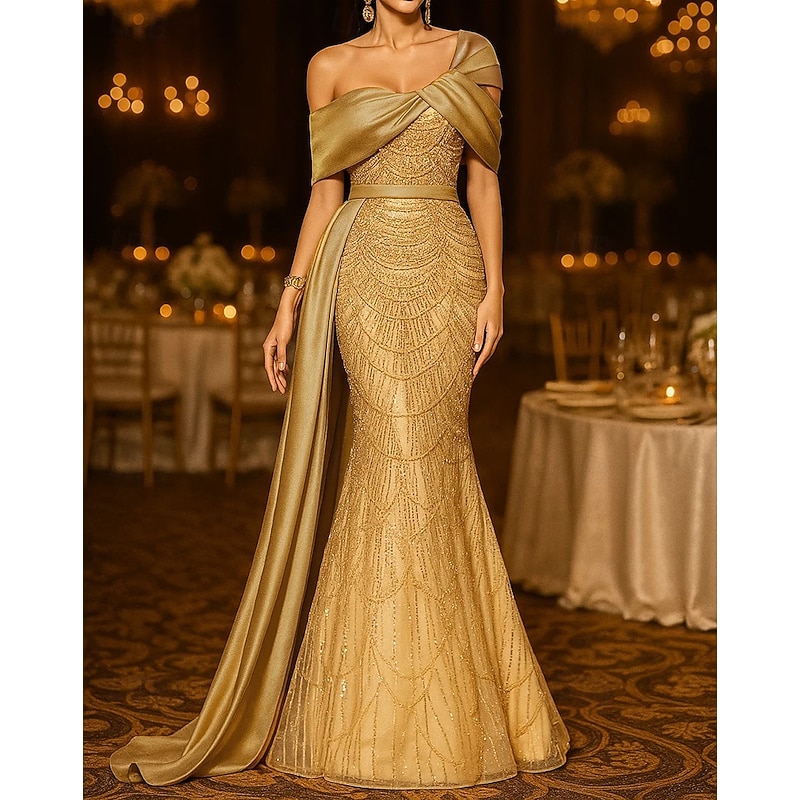 Gold Sequin Mermaid / Trumpet Evening Gown Elegant Formal Dress Formal Wedding Floor Length Sleeveless Off Shoulder Sequined with Glitter 2025
