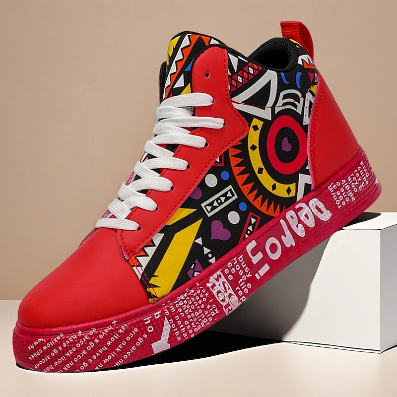 Men's Red & White Graphic High-Top Sneakers with Bold Design, Trendy Street Style for Casual Outings, Parties and Everyday Wear
