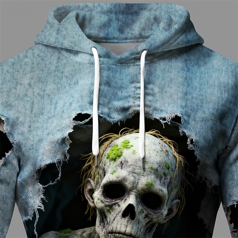 Halloween Men's Skull Hoodie Fashion Daily Hooded Vacation Party Streetwear Blue Drawstring Pocket Printing Fall Winter Designer2