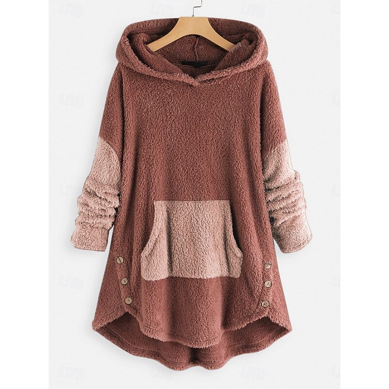 Women's Pullover Hoodie Sweatshirt Color Block Casual Long Sleeve Hooded Regular Tops Street Dailywear Pocket Buttons Pink Green Coffee Gray Fall Winter2