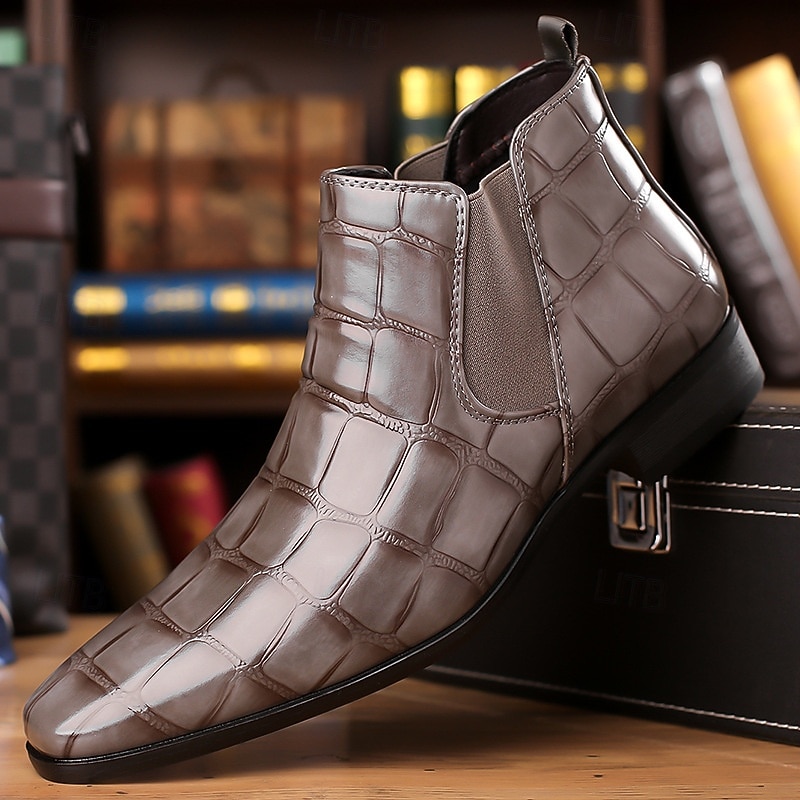 Men's Brown Crocodile Pattern Chelsea Boots – Faux Leather Ankle Boots with Elastic Side Panels, Vintage Style Dress Boots for Office and Evening Wear3