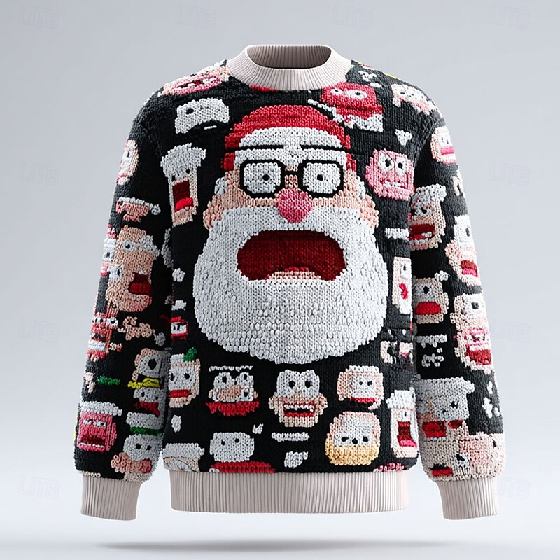 Ugly Christmas Sweater Men's Santa Claus Pullover Sweater Jumper Knitwear Crewneck Casual Vacation Daily 3D Print Graphic Keep Warm Long Sleeve Spring Fall Winter Black