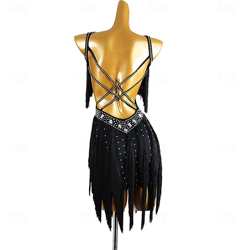 Women's Black Fringe Latin Dance Dress with Rhinestone Detailing, Sleeveless, and Crisscross Straps – Perfect for Salsa, Rumba, and Performance Wear4