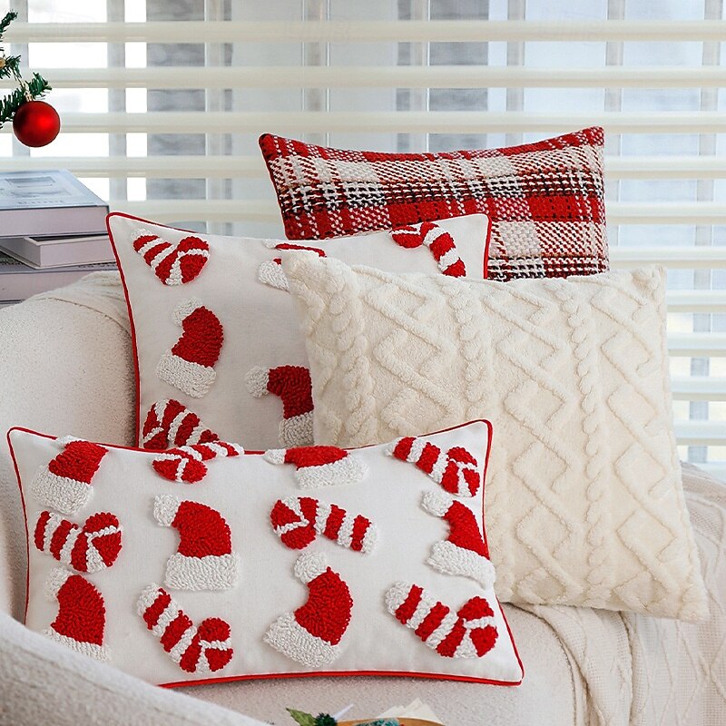 Christmas Tufted Pillow Cover, Red Festive Decorative Cushion Case for Sofa, Couch and Living Room Holiday Decor4