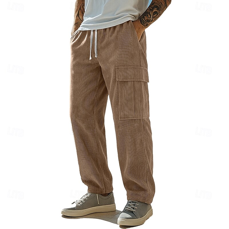 Men's Cargo Pants Cargo Sweatpants Sweatpants Corduroy Pants Trousers Drawstring Pocket Elastic Waist Plain Comfort Full Length Sports Outdoor Daily Vacation Fashion Black Camel Inelastic2