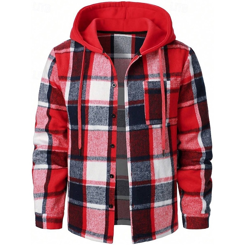Men's Shirt Jacket Casual Jacket Hoodied Jacket Shacket Vacation Daily Breathable Pocket Spring Fall Plaid Fashion Classic Hooded Regular Black Red Orange Green Khaki Jacket2