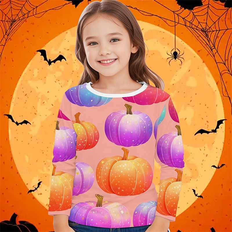 Halloween Girls' 3D Pumpkin T shirt Tee Long Sleeve Spring Fall Fashion Basic Kids 4-12 Years Crew Neck Outdoor Casual Daily Regular Fit