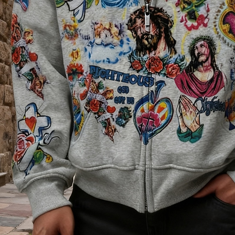 Men's Jesus Hoodie Fashion Daily Hooded Vacation Party Streetwear Gray Zip Up Pocket Printing Spring Fall Designer3