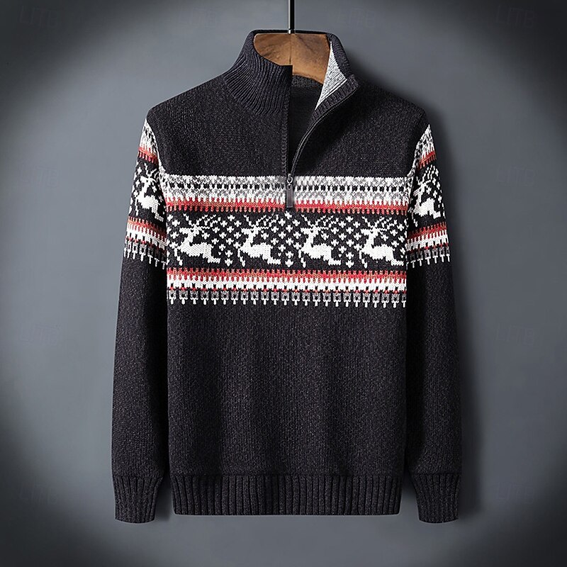 Christmas Men's Graphic Elk Fair Isle Sweater Zip Sweater Sweater Polo Zip Collar Casual Vacation Home Daily Zipper Knitting Keep Warm Long Sleeve Fall Winter Black White Red4