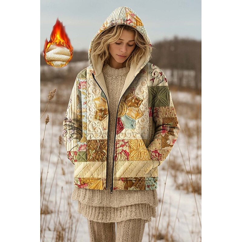 Women's Zip Up Hoodies Floral Graphic Paisley Warm Active Vintage Long Sleeve Hooded Regular Tops Home Party Evening Wear Dailywear Zip Up Patchwork Zipper Green Khaki Spring Fall Winter