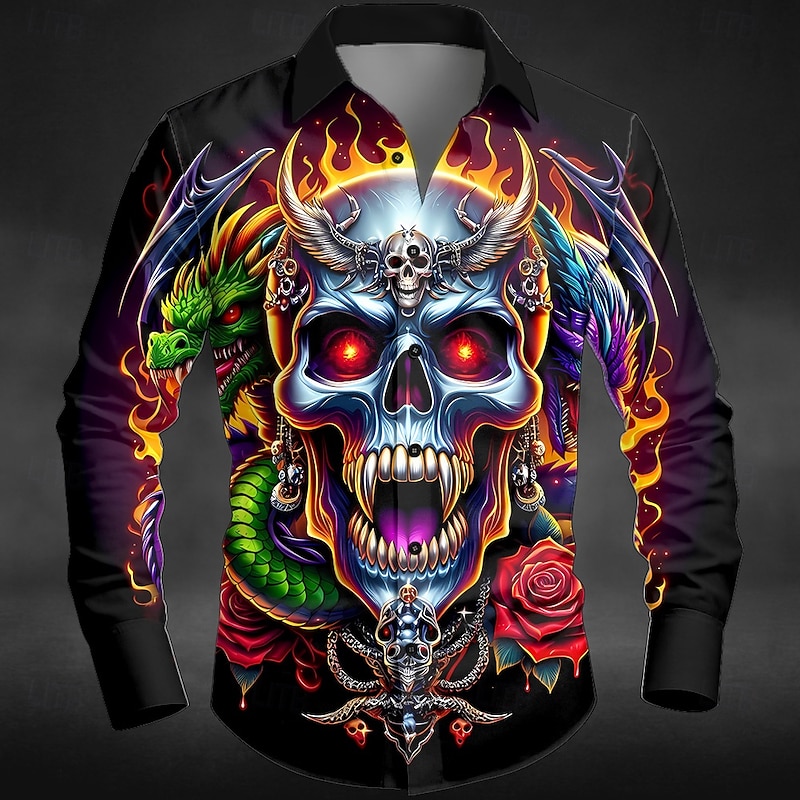 Halloween Men's Skull Hellfire Flames Horror Shirt Button Up Shirt Long Sleeve Dark Gothic Style Holiday Streetwear Spring Fall Turndown 3D Print Collared Shirts Black / Purple Black / Orange