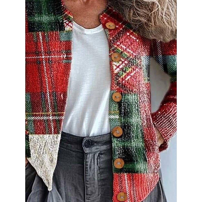Women's Cardigan Fashion Daily Casual Graphic Plaid Ribbed Crew Neck V Neck Buttons Print Long Sleeve Regular Tops Knit Outdoor Daily Date Red Fall Winter3