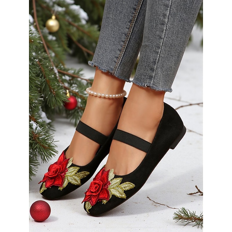 Women's Christmas Mary Jane Flats – Faux Suede Rose Embroidered Strap Shoes for Holiday Party and Daily Wear
