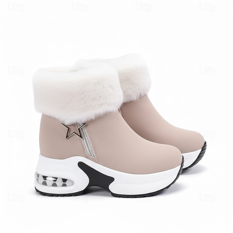Women's Beige Faux Fur Lined Platform Ankle Boots with Wedge Heels - Warm and Stylish Winter Footwear4