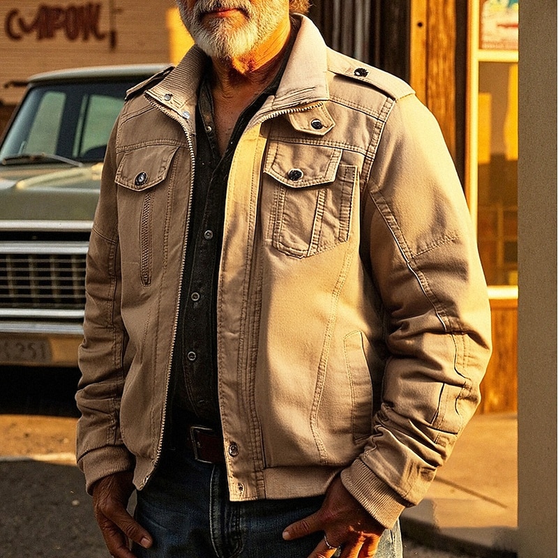 Men's Utility Jacket Cargo Jacket Vacation Daily Wearproof Pocket Spring Fall Plain Fashion Classic Stand Collar Regular Black Khaki Army Green Jacket