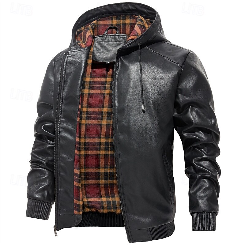 Men's Faux Leather Jacket Motorcycle Jacket Vacation Daily Windproof Warm Pocket Fall & Winter Plain Fashion Classic Hooded Regular Black Wine Brown Jacket