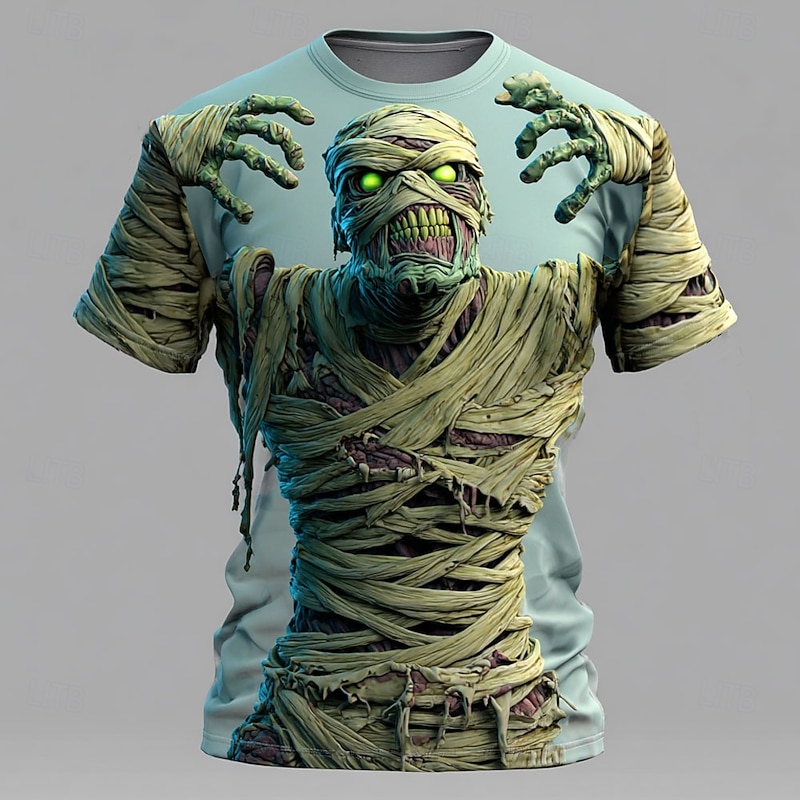 Halloween Men's Optical Illusion 3D Mummy T Shirt Short Sleeve T shirt 3D Print Crew Neck Shirt Exaggerated Designer Horror Party Street Holiday Pink Blue Purple Summer Spring All Seasons Clothing