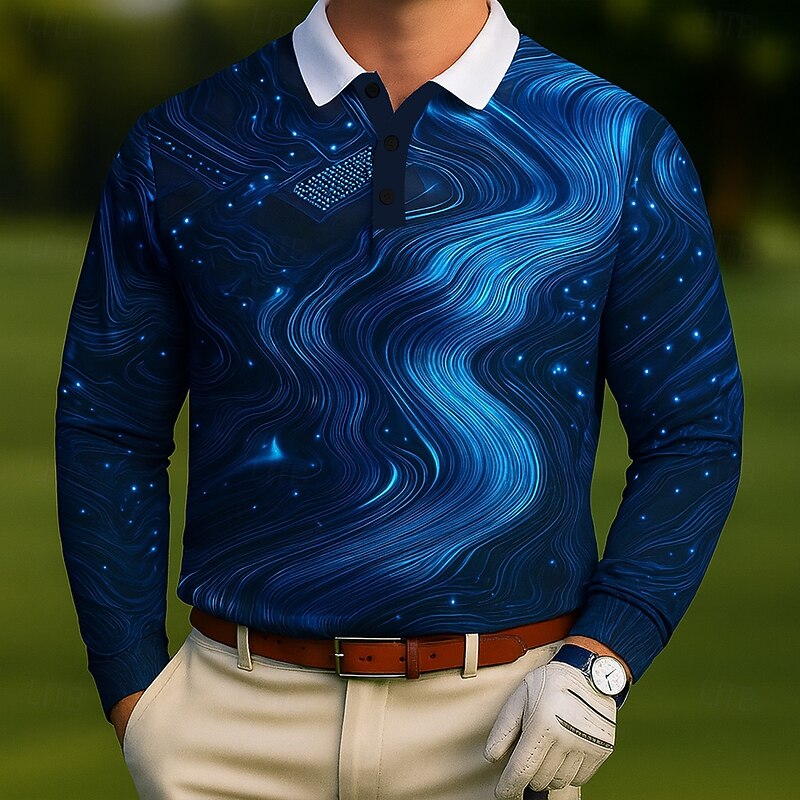 Men's Geometic Golf Polo Long Sleeve Polo Shirts Lapel Casual Outdoor Athleisure Daily Wear 3D Print Buttons Spring Fall Winter Lake blue White Blue4