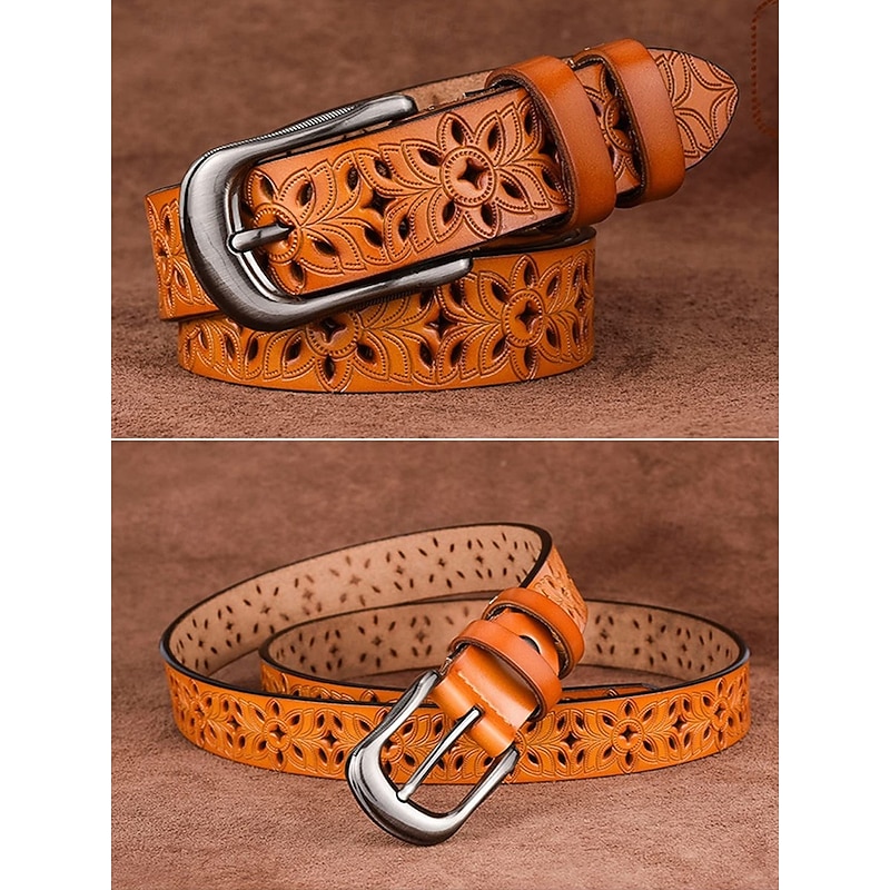 Women's Genuine Leather Belt – Vintage Floral Carved Design with Metal Buckle, Retro Waist Accessory for Jeans, Dresses & Casual Outfits4