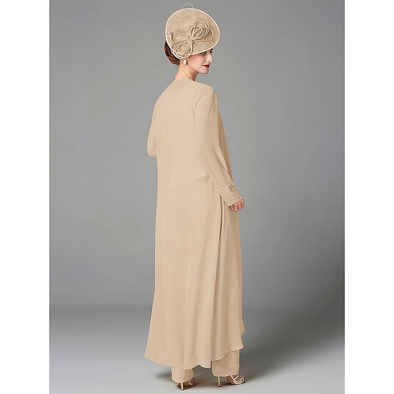 Beach Wedding Pantsuit 3 Piece Mother of the Bride  Formal Wedding Guest Elegant Plus Size Wrap Included Bateau Neck Floor Length Chiffon Long Sleeve Wrap Included with Beading2