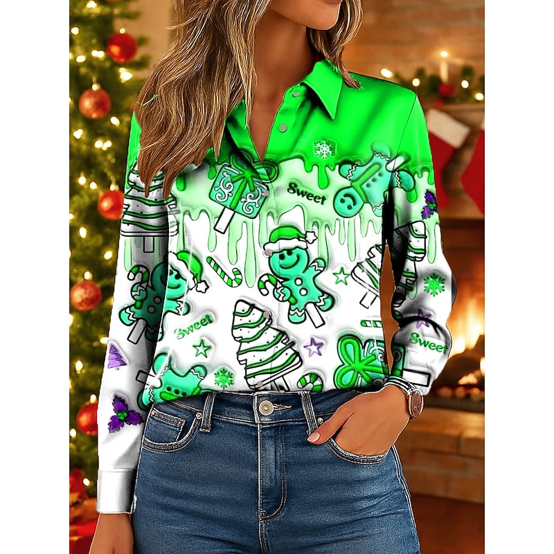 Christmas Women's Shirt Graphic Snowman Elegant Vintage Tropical Long Sleeve Shirt Collar Regular Tops Work Daily Holiday Pink Red Blue Green Fall Winter4