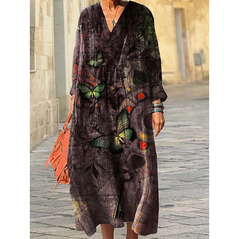 Women's Midi Dress Sundress A Line Dress Vacation Casual Boho Going out Beach Loose Fit Graphic Geometric Long Sleeve V Neck Red Purple Green Dark Gray Spring Fall Winter Autumn4