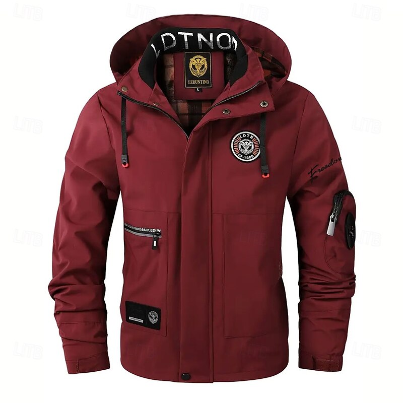 Men's Letter Printed Windbreaker Hooded Jacket Parka Waterproof Windproof Multi-Pockets Casual Outdoor Camping & Hiking Detachable Hood Full Zip Coat Outerwear Fall Winter Stand Collar Long Sleeve