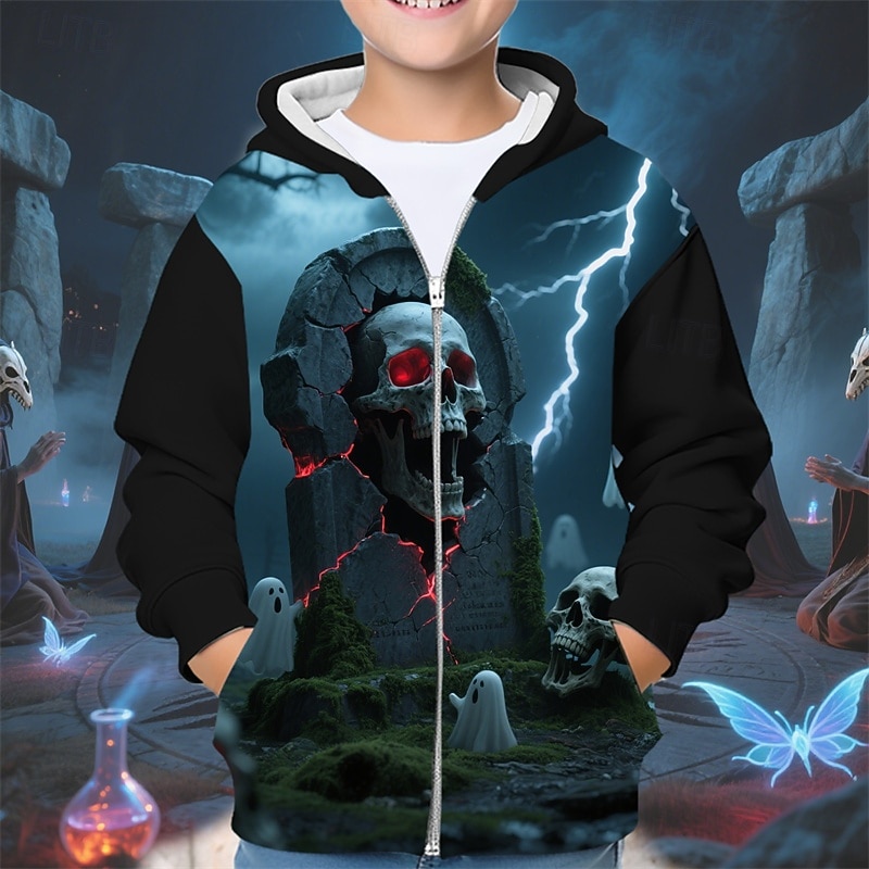 Halloween Boys' 3D Skull Ghost Hoodie Coat Outerwear Long Sleeve Spring Fall Adorable Sport Kids 4-12 Years Zip Street Daily Regular Fit