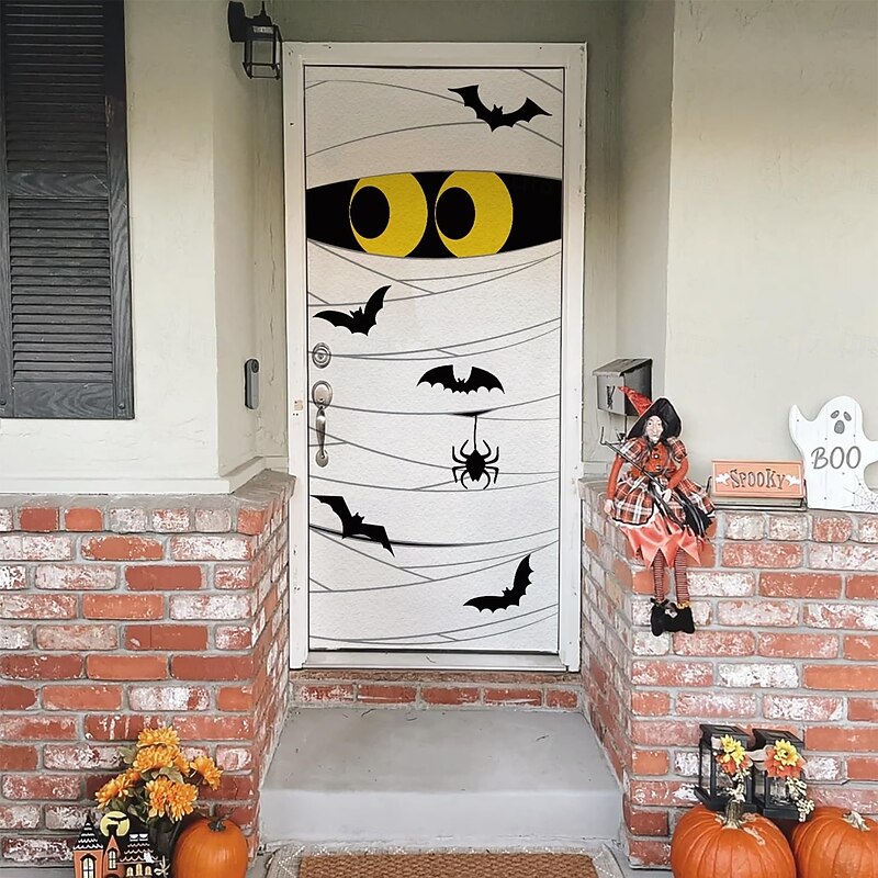 Halloween Door Covers Orange Spider Web Wooden Board Design Door Tapestry Door Curtain Decoration Backdrop Front Door Banner Farmhouse Holiday Party Indoor Outdoor Haunted Halloween Decor Supplies3