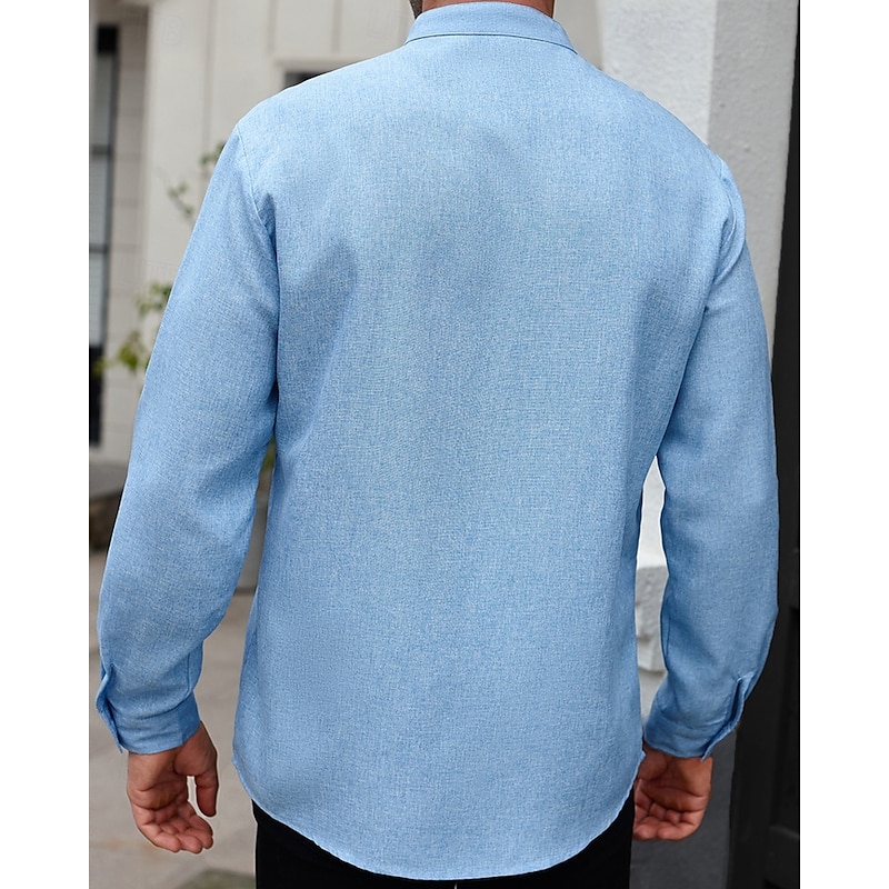 Men's Shirt Summer Shirt Casual Shirt Beach Shirt Button Up Shirt Blue Gray Long Sleeve Plain Band Collar Vacation Hawaiian Clothing Apparel Polyester Fashion Casual Comfortable3