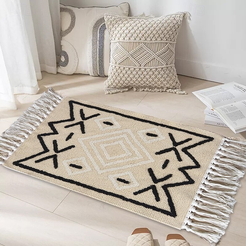 Bohemian Tassel Rug For Bedroom Simple Cotton Linen Woven Floor Mat Bedside Carpet Home Window Seat Cushion Decorative Durable Soft Non Slip Living Room Area Rug2