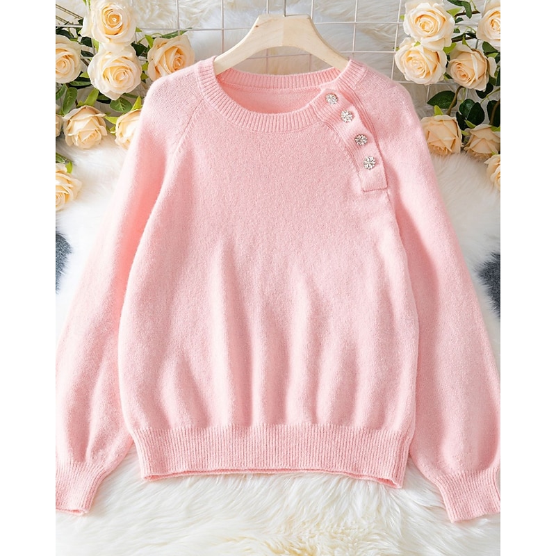 Women's Sweater Pullover Streetwear Casual Solid Color Crew Neck Buttons Knitted Long Sleeve Regular Tops Knit Holiday Going out Weekend Pink Fall Winter4