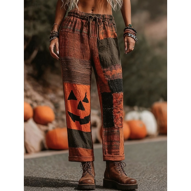 Women's Pants Trousers Straight Vacation Vintage Fashion Full Length Mid WaistPantsHalloween Pumpkin Patchwork Drawstring Patchwork Elastic Waist Comfy Breathability Inelastic Outdoor Dailywear Daily