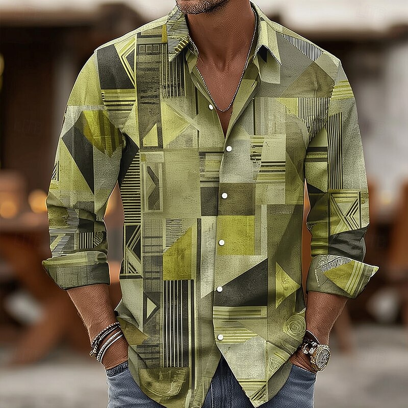 Men's Geometric Color Block Patchwork Shirt Button Up Shirt Long Sleeve Vintage Retro Outdoor Casual Holiday Spring Fall Turndown 3D Print Collared Shirts Pink Blue Purple Green Khaki3