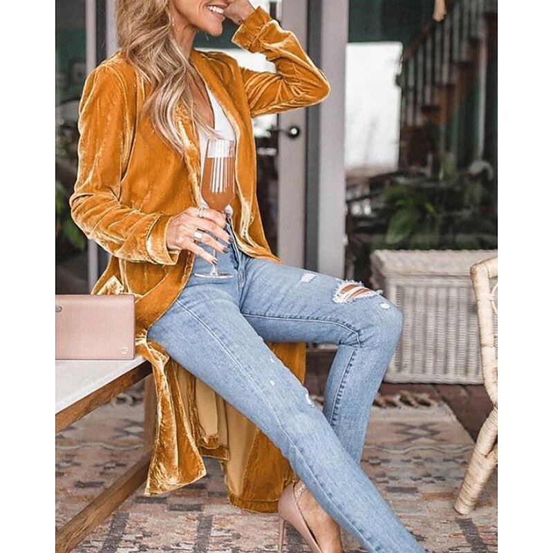 Women's Coat Comfortable Open Front Casual Plain Vacation Daily Wear Weekend Long V Neck Loose Fit Long Sleeve Outerwear Black Yellow Red Fall Winter