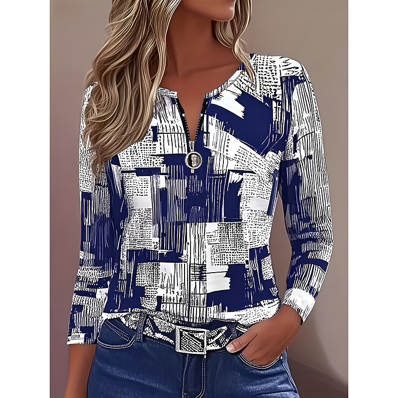 Women's Pullover Sweatshirts Zip Up Sweatshirts Set Geometric Christmas Casual Print Long Sleeve Crew Neck Regular Tops Home Casual Holiday Zip Up Print Red Blue Gold Spring, Fall, Winter, Summer