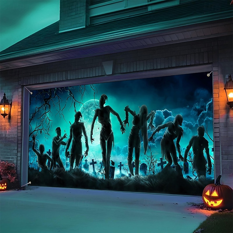 Halloween Tapestry Garage Door Cover Large Hanging Backdrop Zombies Cemetery 3D Dark Punk Gothic Style Party Outdoor Shooting Backgrounds Yard Haunted House Home Decor2